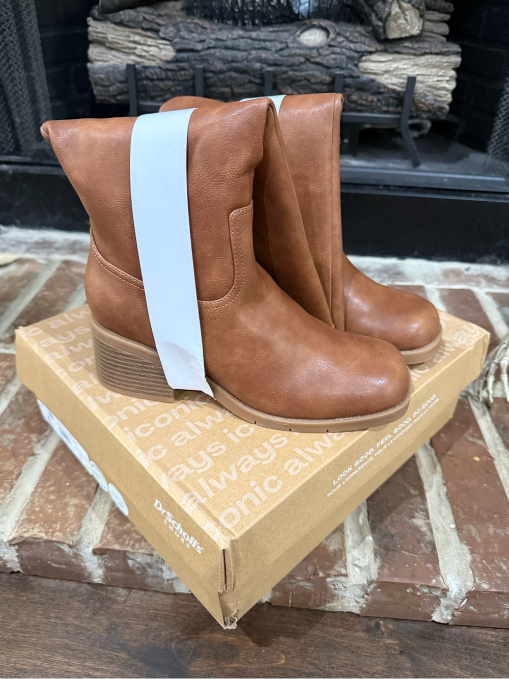 Dr. Scholl's Women's Cognac Tan Leather Ankle Boots with Stacked Heel